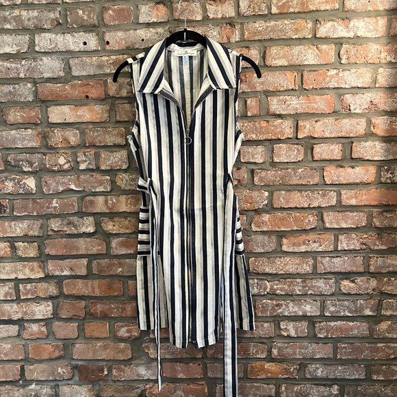 Retro Striped Belted Mini Dress with Zipper - Sz M - Picture 5 of 6
